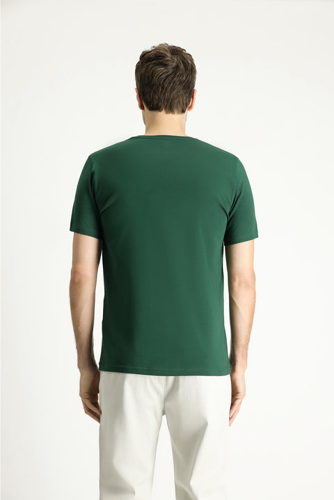 Koyu Yeşil Bisiklet Yaka Slim Fit Yumuşak Dokulu Pamuklu Likralı Esnek Tişört