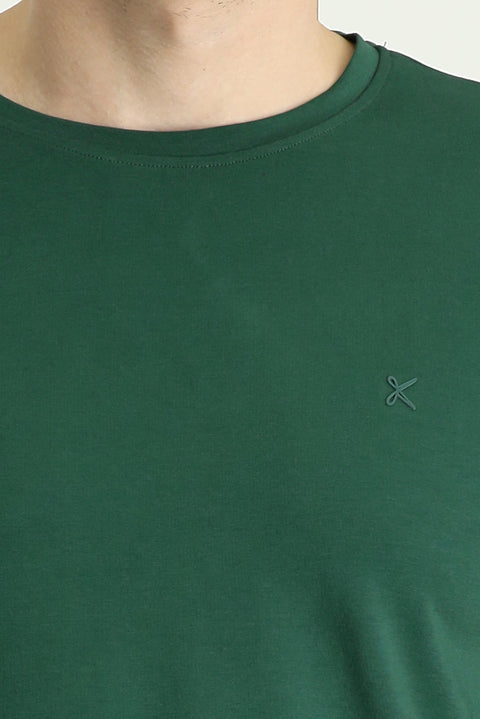 Koyu Yeşil Bisiklet Yaka Slim Fit Yumuşak Dokulu Pamuklu Likralı Esnek Tişört