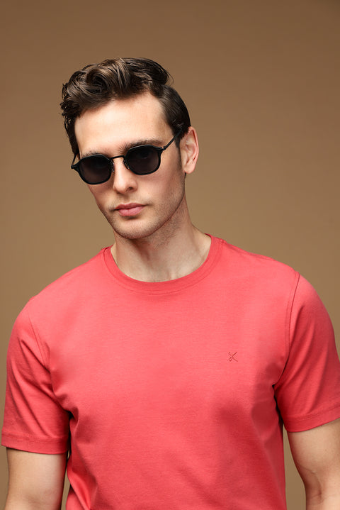 Açık Kırmızı Bisiklet Yaka Slim Fit Yumuşak Dokulu Pamuklu Likralı Esnek Tişört