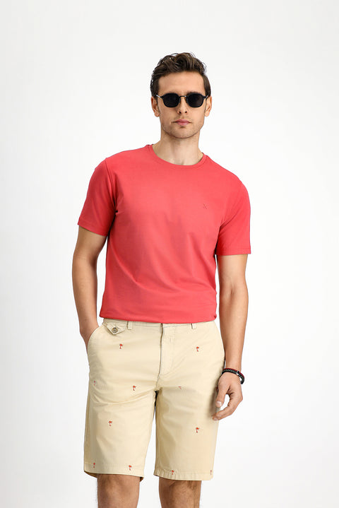 Açık Kırmızı Bisiklet Yaka Slim Fit Yumuşak Dokulu Pamuklu Likralı Esnek Tişört