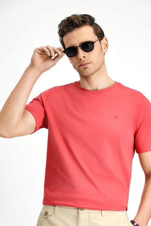 Açık Kırmızı Bisiklet Yaka Slim Fit Yumuşak Dokulu Pamuklu Likralı Esnek Tişört