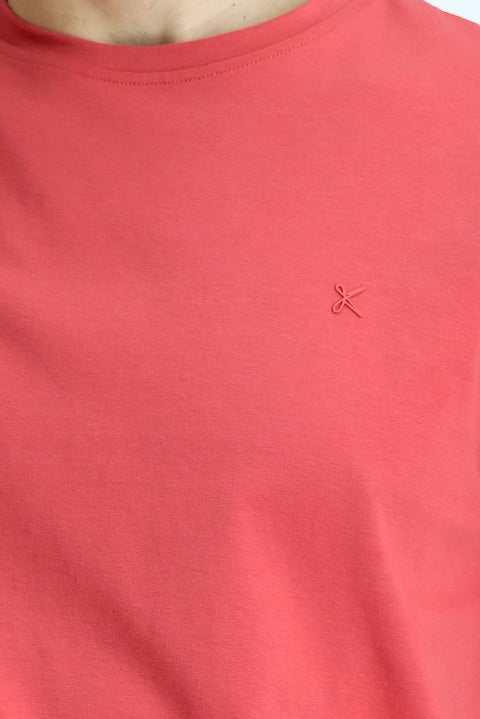 Açık Kırmızı Bisiklet Yaka Slim Fit Yumuşak Dokulu Pamuklu Likralı Esnek Tişört