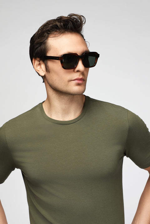 Orta Haki Bisiklet Yaka Slim Fit Dar Kesim Pamuklu Tişört