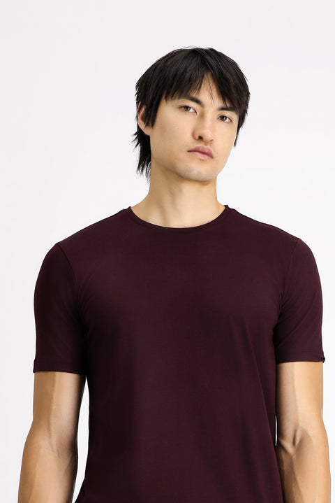 Koyu Bordo Bisiklet Yaka Slim Fit Dar Kesim Pamuklu Tişört