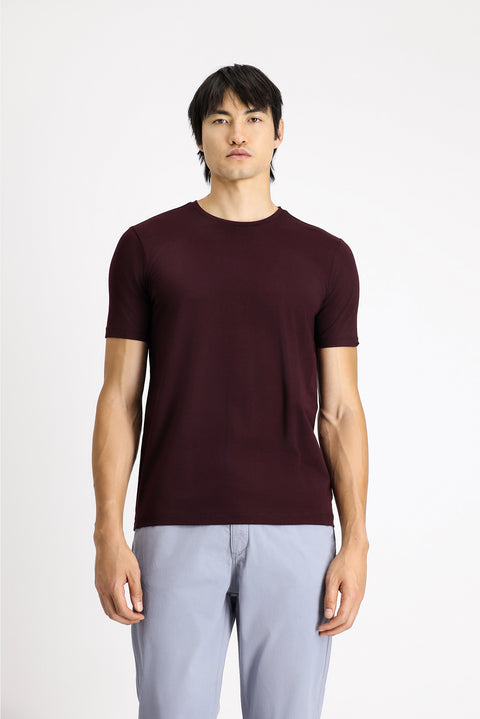 Koyu Bordo Bisiklet Yaka Slim Fit Dar Kesim Pamuklu Tişört