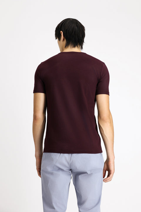 Koyu Bordo Bisiklet Yaka Slim Fit Dar Kesim Pamuklu Tişört