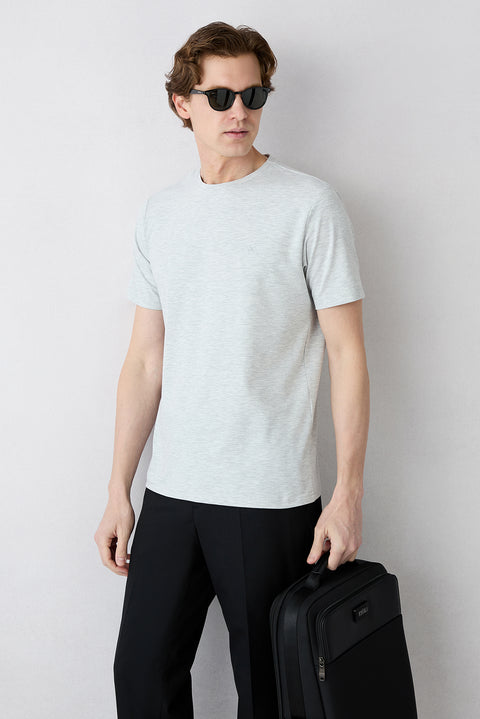 Açık Gri Melanj Bisiklet Yaka Slim Fit Süprem Pamuklu Basic Tişört