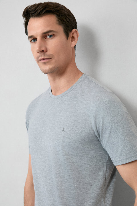 Orta Gri Melanj Bisiklet Yaka Slim Fit Süprem Pamuklu Basic Tişört