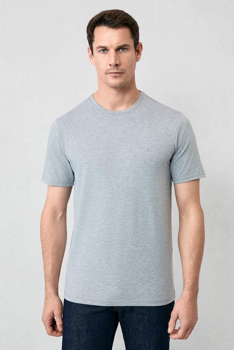 Orta Gri Melanj Bisiklet Yaka Slim Fit Süprem Pamuklu Basic Tişört