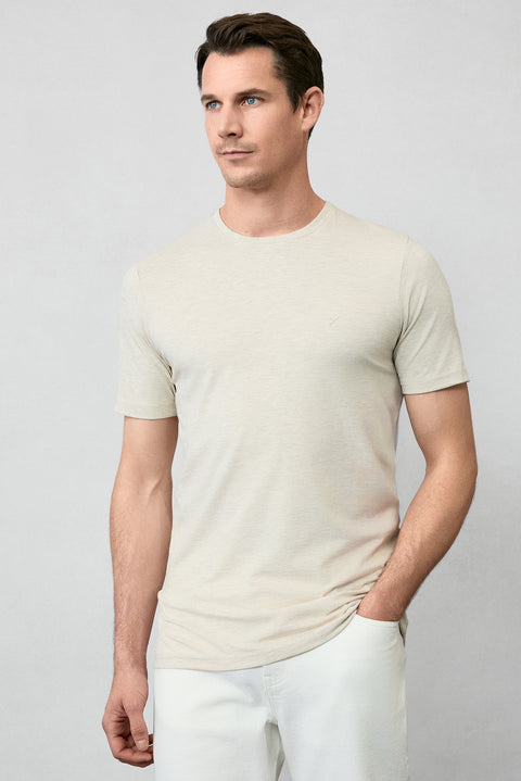 Açık Bej Melanj Bisiklet Yaka Slim Fit Süprem Pamuklu Basic Tişört