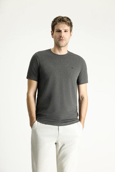 Koyu Antrasit Melanj Bisiklet Yaka Slim Fit Dar Kesim Süprem Pamuklu Tişört