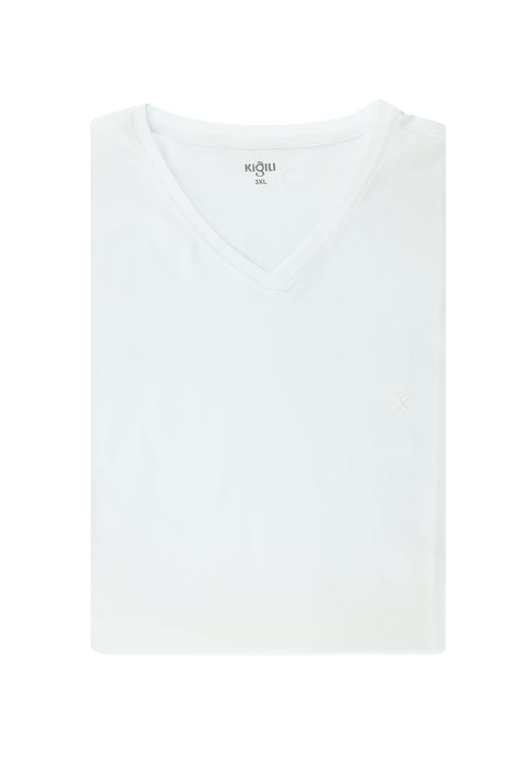 Beyaz Büyük Beden V Yaka Süprem Pamuklu Tişört