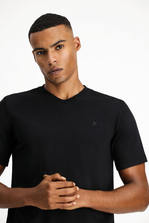 Siyah V Yaka Slim Fit Dar Kesim Süprem Pamuklu Basic Tişört