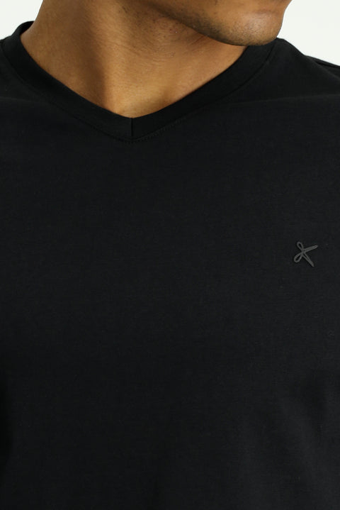 Siyah V Yaka Slim Fit Dar Kesim Süprem Pamuklu Basic Tişört