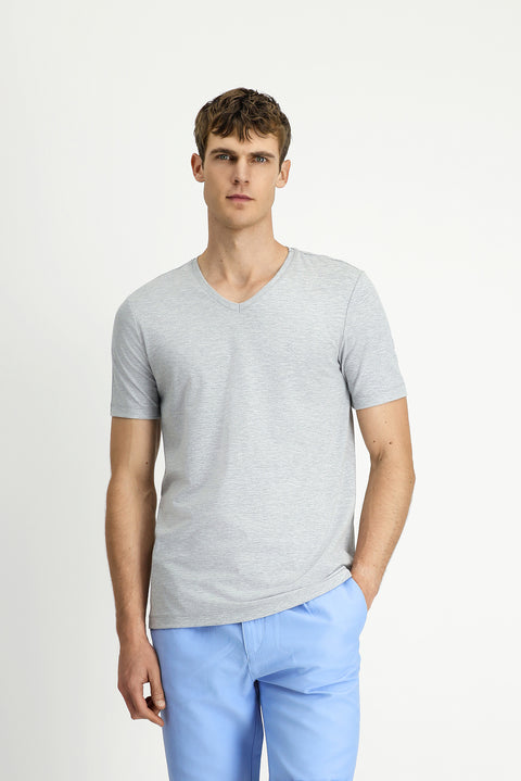 Açık Gri Melanj V Yaka Slim Fit Dar Kesim Süprem Pamuklu Basic Tişört