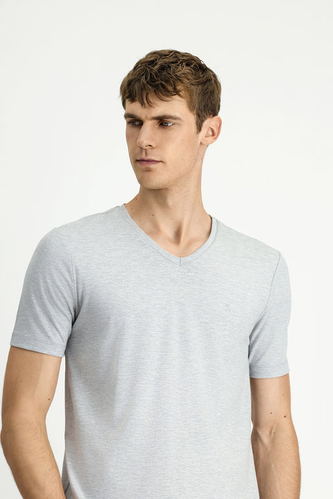 Açık Gri Melanj V Yaka Slim Fit Dar Kesim Süprem Pamuklu Basic Tişört