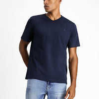 Orta Lacivert V Yaka Slim Fit Dar Kesim Süprem Pamuklu Basic Tişört