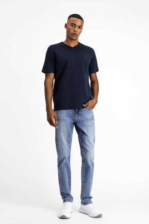 Orta Lacivert V Yaka Slim Fit Dar Kesim Süprem Pamuklu Basic Tişört