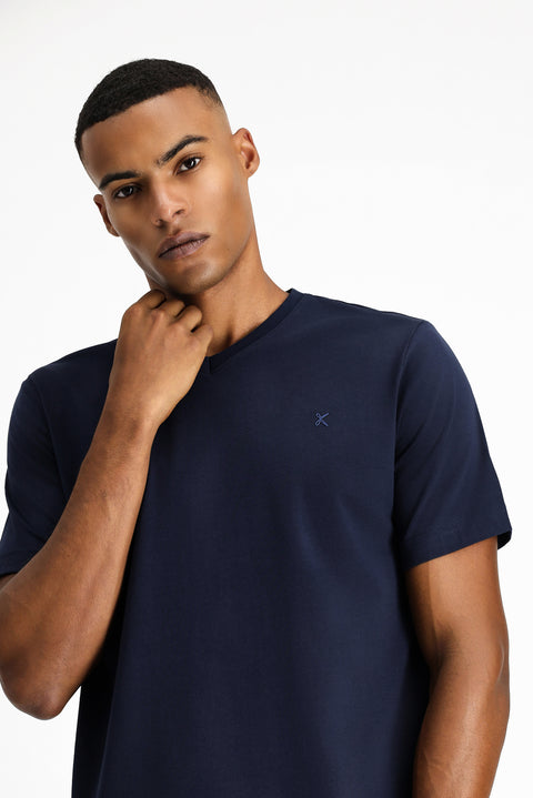 Orta Lacivert V Yaka Slim Fit Dar Kesim Süprem Pamuklu Basic Tişört