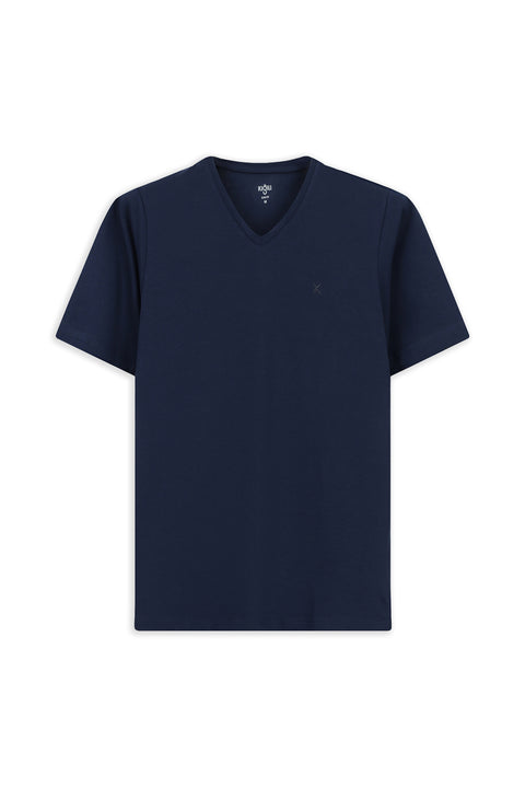 Koyu Lacivert V Yaka Slim Fit Dar Kesim Süprem Pamuklu Basic Tişört