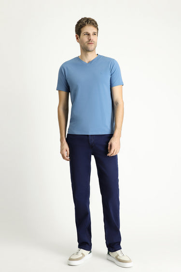  Havacı Mavi V Yaka Slim Fit Dar Kesim Süprem Pamuklu Tişört