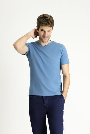  Havacı Mavi V Yaka Slim Fit Dar Kesim Süprem Pamuklu Tişört