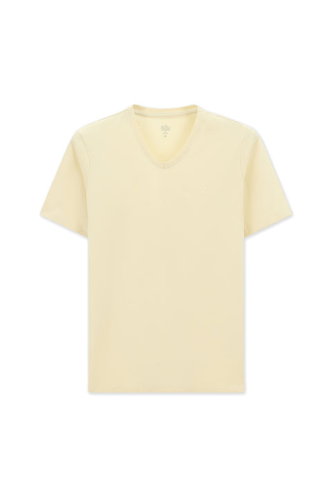 Ekru V Yaka Slim Fit Dar Kesim Süprem Pamuklu Basic Tişört