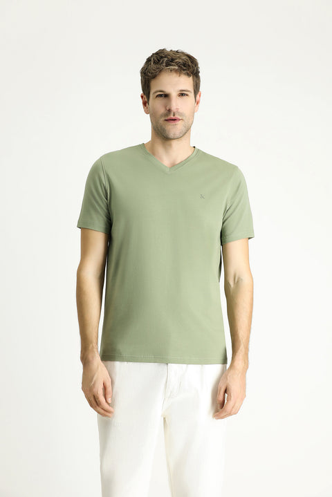 Orman Yeşili V Yaka Slim Fit Dar Kesim Süprem Pamuklu Basic Tişört