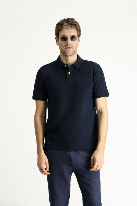 Koyu Lacivert Regular Fit Nakışlı Pamuk Polo Yaka Tişört
