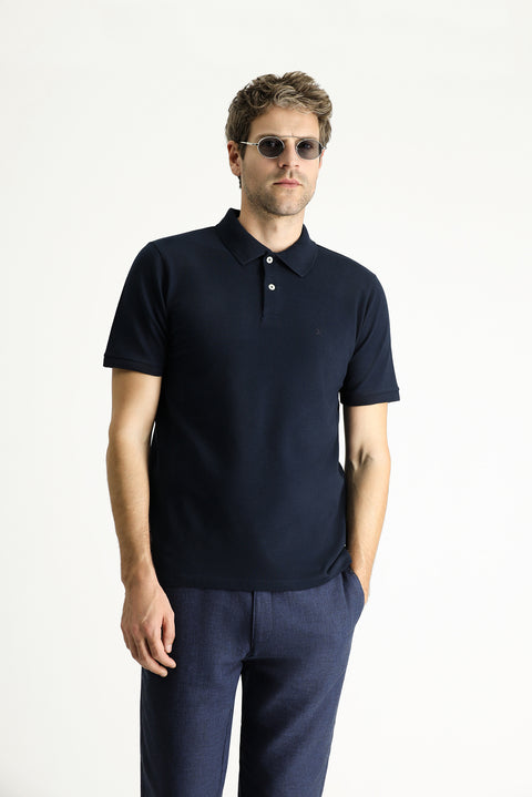 Koyu Lacivert Regular Fit Nakışlı Pamuk Polo Yaka Tişört