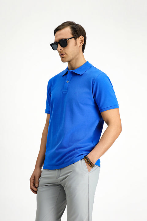 Saks Mavi Regular Fit Nakışlı Pamuk Polo Yaka Tişört