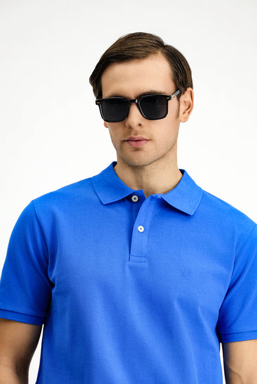  Saks Mavi Regular Fit Nakışlı Pamuk Polo Yaka Tişört