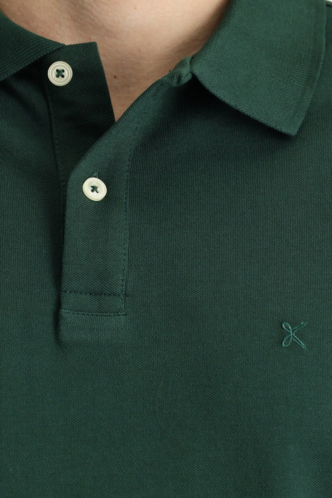 Koyu Yeşil Regular Fit Nakışlı Pamuk Polo Yaka Tişört