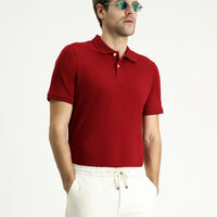 Koyu Kırmızı Regular Fit Nakışlı Pamuk Polo Yaka Tişört