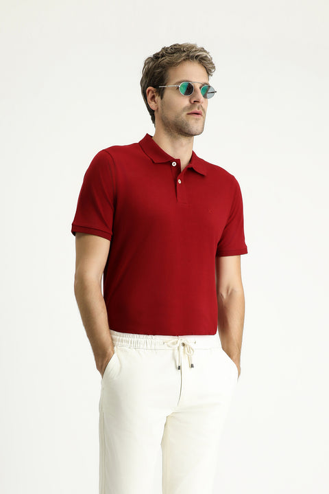 Koyu Kırmızı Regular Fit Nakışlı Pamuk Polo Yaka Tişört