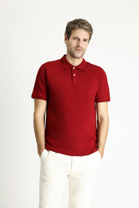 Koyu Kırmızı Regular Fit Nakışlı Pamuk Polo Yaka Tişört