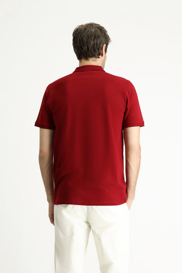 Koyu Kırmızı Regular Fit Nakışlı Pamuk Polo Yaka Tişört
