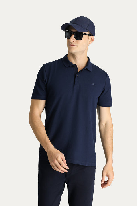 Koyu Lacivert Polo Yaka Regular Fit Nakışlı Pamuk Tişört