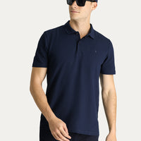 Koyu Lacivert Polo Yaka Regular Fit Nakışlı Pamuk Tişört