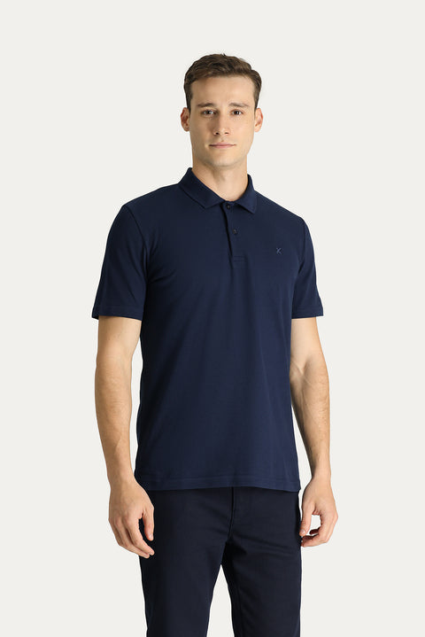 Koyu Lacivert Polo Yaka Regular Fit Nakışlı Pamuk Tişört