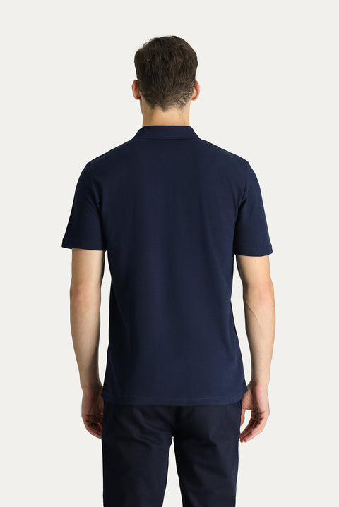 Koyu Lacivert Polo Yaka Regular Fit Nakışlı Pamuk Tişört