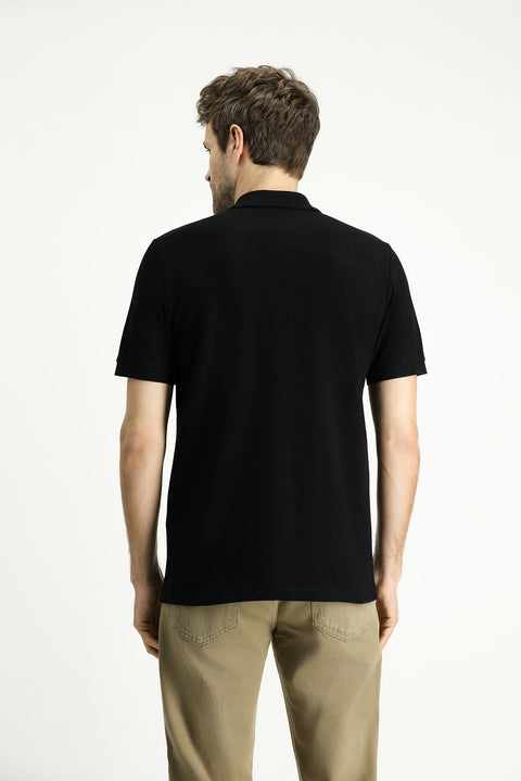 Siyah Regular Fit Nakışlı Pamuk Polo Yaka Tişört