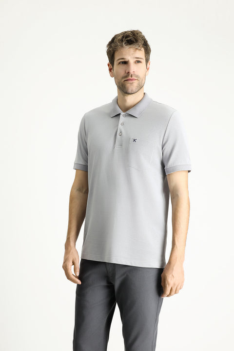 Orta Gri Regular Fit Nakışlı Pamuk Polo Yaka Tişört