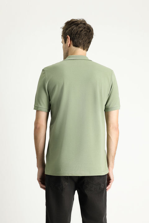Orman Yeşili Regular Fit Nakışlı Pamuk Polo Yaka Tişört