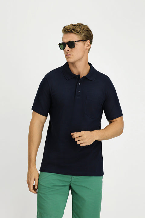Koyu Lacivert Slim Fit Dar Kesim Pamuk Cepli Polo Yaka Tişört