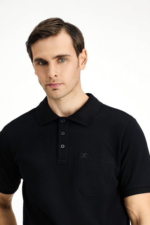 Siyah Regular Fit Pamuk Nakışlı Cepli Kıvrılmaz Polo Yaka Tişört