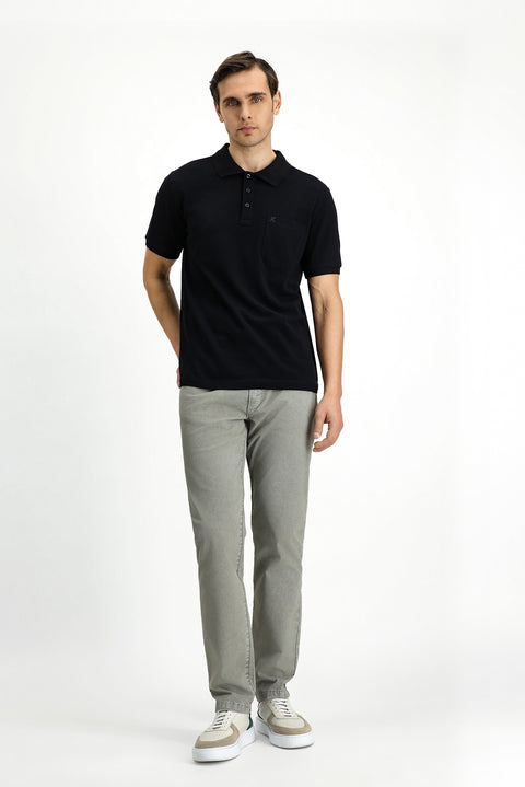 Siyah Regular Fit Pamuk Nakışlı Cepli Kıvrılmaz Polo Yaka Tişört