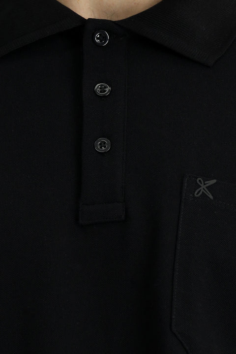 Siyah Regular Fit Pamuk Nakışlı Cepli Kıvrılmaz Polo Yaka Tişört