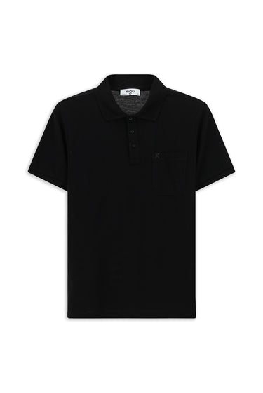 Siyah Regular Fit Pamuk Nakışlı Cepli Kıvrılmaz Polo Yaka Tişört