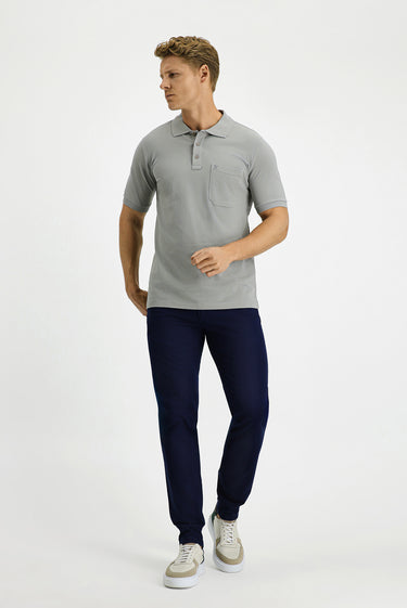  Orta Gri Regular Fit Pamuk Nakışlı Cepli Kıvrılmaz Polo Yaka Tişört
